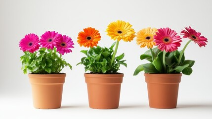 Colorful gerbera daisies in terracotta pots against a neutral background