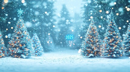 Obraz premium Winter wonderland setting with sparkling 2025 sign surrounded by snowy trees and twinkling lights