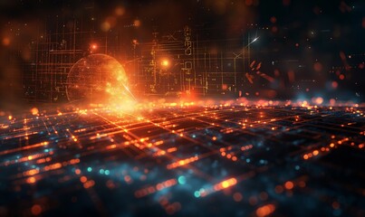 Obraz premium Glowing digital pathways intersect in a vast landscape