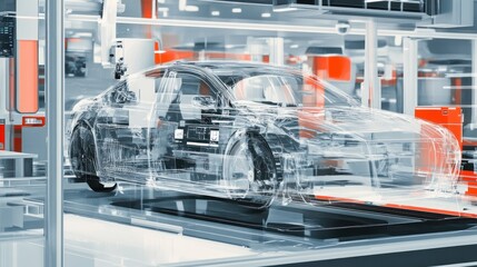 Naklejka premium Car manufacturing process with robotic arm shown in wireframe