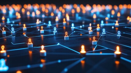 Obraz premium Abstract network connecting people with glowing orange and blue lights