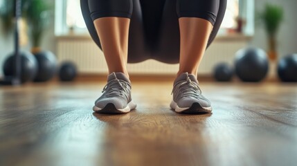 Naklejka premium Knee exercises in a spacious fitness room. Featuring joint recovery and strength