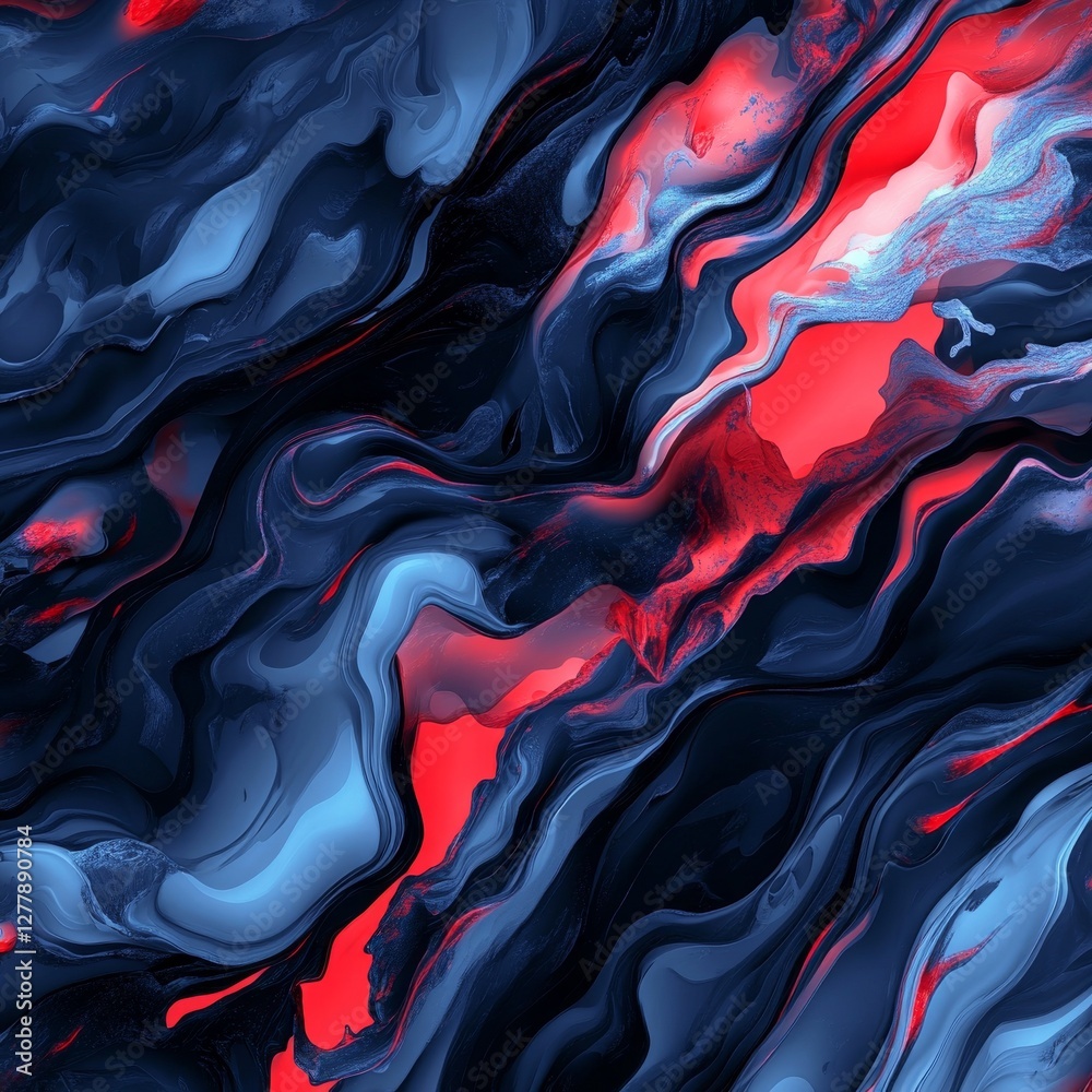 Poster Striking Abstract: Mesmerizing blend of deep blues and vibrant reds creating dynamic, flowing patterns and textures.