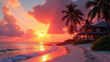Tropical Beach House Sunset Vibrant Hues Paint the Sky Above a Tranquil Ocean Scene