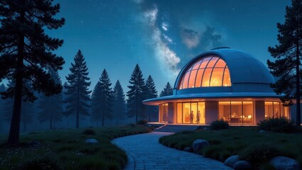 Obraz premium Nighttime Observatory Residence in a Pine Forest with a Milky Way View