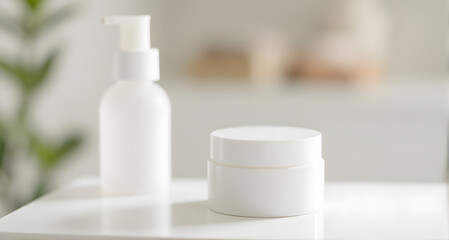 White Cosmetic Bottles on Minimalist Background