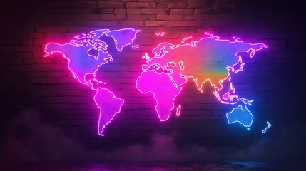 Naklejka premium Neon World Map on Brick Wall: Global Connectivity and Travel