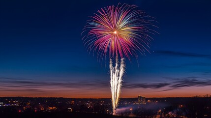New Year Celebration fireworks over a city skyline at midnight with bright colors