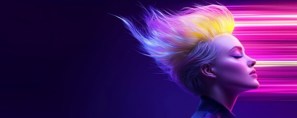 A futuristic cyber glow effect with a woman in neon yellow hair, sharply contrasted against a dark violet background.