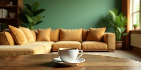 A comforting cup of coffee on a wooden table in a cozy living room with a blurred background of a mustard-colored sectional sofa and lush green plants, suggesting a relaxed and inviting atmosphere