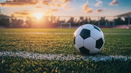 Fototapeta premium Exciting soccer match preparation local stadium sport event evening light ground level view