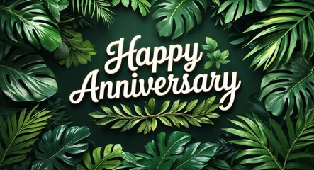 happy anniversary lettering on jungle leaves background