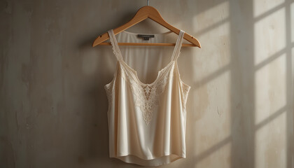 Elegant Satin Nightwear Hanging on Vintage Hanger – Luxury Silk Lingerie, Delicate Lace, Premium Fashion Photography
