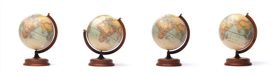 Four antique globes, white background, travel concept, educational tool