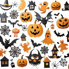 Spooky halloween festive orange black pumpkins bats ghosts houses design on transparent background