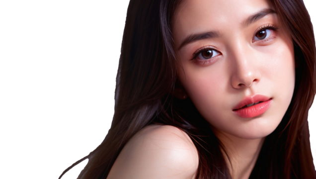 Beauty portrait of a beautiful young woman with glowing skin. Beautiful real face, beauty image. (transparent background) PNG with alpha channel. 輝く肌を持つ美しい若い女性のビューティーポートレート。美容イメージ(背景透過)アルファチャンネル付PNG