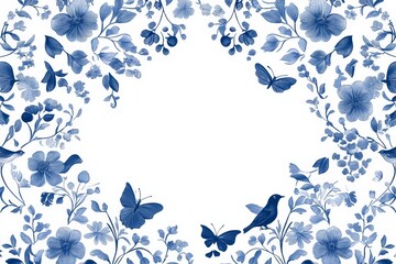 Elegant blue floral border with butterflies and bird in white background