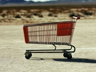 A metal shopping cart with a red handle sits on cracked desert ground, representing urban waste, environmental neglect, abandoned commerce, and the effects of overconsumption.