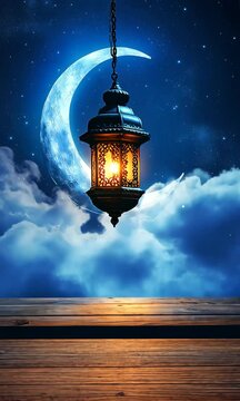 Scenic Islamic Background with a Beautiful Hanging Lantern and Crescent Moon Over a Wooden Table in a Calm Blue Sky