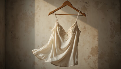 Elegant Satin Nightwear Hanging on Vintage Hanger – Luxury Silk Lingerie, Delicate Lace, Premium Fashion Photography
