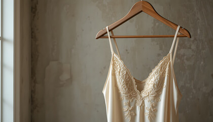 Elegant Satin Nightwear Hanging on Vintage Hanger – Luxury Silk Lingerie, Delicate Lace, Premium Fashion Photography
