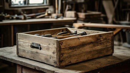 Wooden toolbox filled with mallets sits on a workbench