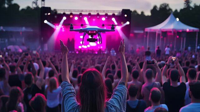 Drone capturing electrifying outdoor concert with enthusiastic crowd at sunset