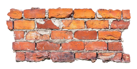 Cracked red brick wall fragment, isolated on transparent cutout background
