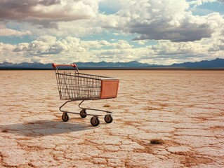 A shopping cart with a red handle sits on cracked desert soil under a cloudy sky, symbolizing abandonment, urban decay, environmental concerns, and the effects of mass consumerism.