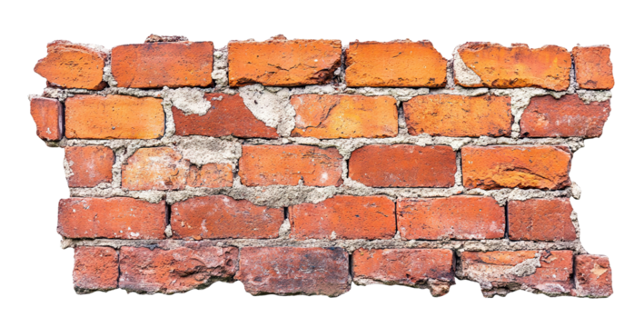 Cracked red brick wall fragment, isolated on transparent cutout background