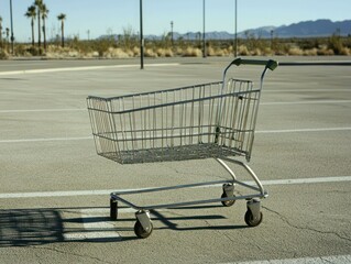 A shopping cart sits alone in an empty outdoor parking lot with visible cracks in the pavement, symbolizing consumer habits, urban emptiness, commercial waste, and modern convenience.