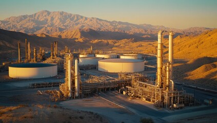 Obraz premium Desert oil refinery at sunrise with mountain backdrop