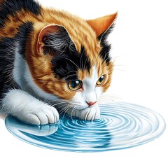 Naklejka premium Calico Kitten Drinking Water, Artistic Illustration.