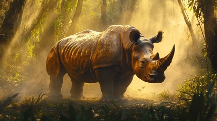 Fototapeta premium A rhino stands illuminated by sunlight in a lush forest