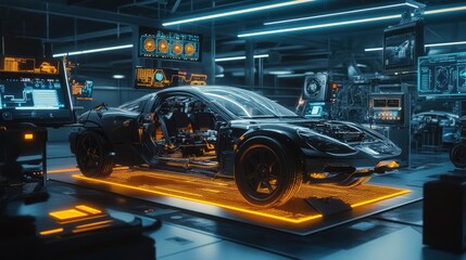 Obraz premium Sleek car undergoing futuristic diagnostics in an advanced tech workshop