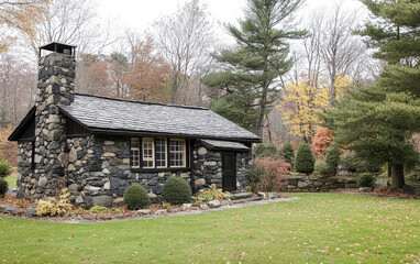 Obraz premium Charming stone cottage surrounded by autumn foliage in a wooded area