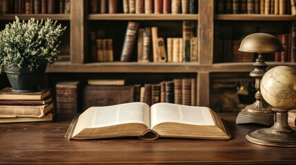 Open book sitting on a wooden desk in library