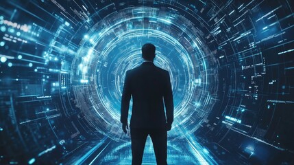 Digital Future, A Man Standing at the Threshold of Technological Advancement