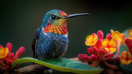 Fototapeta premium Vibrant hummingbird perched on lush green leaves, surrounded by bright red and yellow flowers. A stunning display of nature's beauty.