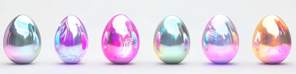 Iridescent eggs display; pastel background; website design