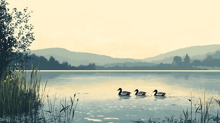 Naklejka premium Three Ducks Swim Serene Lake Mountain View