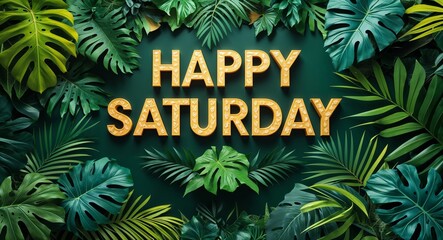 happy Saturday lettering on jungle leaves background