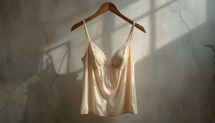 Silk and Lace Lingerie Hanging on Wooden Hanger – Elegant Satin Camisole, Soft Lighting, Feminine Minimalist Look
