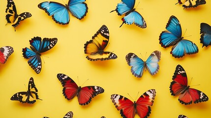 Vibrant Butterflies on Yellow Background: A Colorful Collection