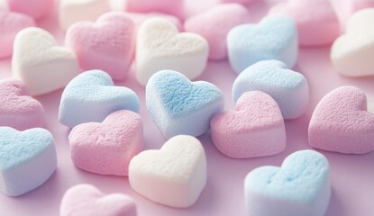 Pastel heart marshmallows scattered on lilac background, Valentine's Day, food photography