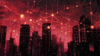 Obraz premium Futuristic Cyber City with Glowing Digital Circuit Lines and High-Tech Urban Landscape