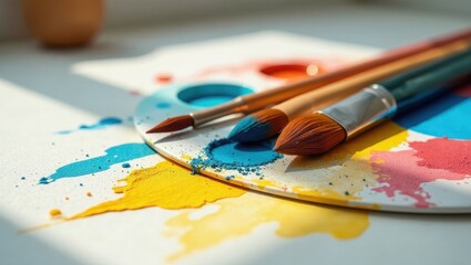 Artistic Paintbrushes Resting on a Colorful Palette with Vibrant Hues and Splashes of Paint