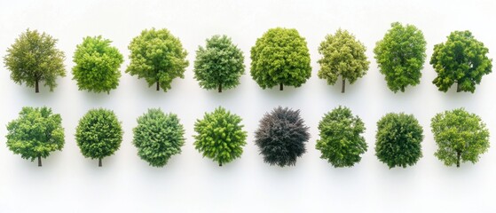 Diverse Array of Trees on White Backdrop Showcasing Various Shapes and Shades of Green in a Minimalist Style with a High Angle View