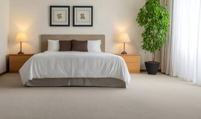 Fototapeta premium Cozy modern bedroom design with natural light and minimalistic decor in a serene setting