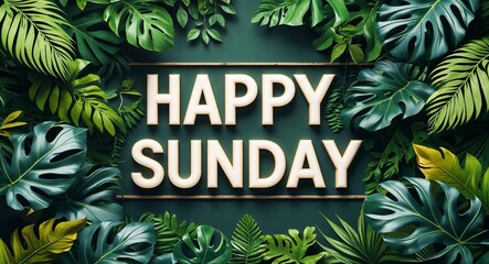 happy Sunday lettering on jungle leaves background